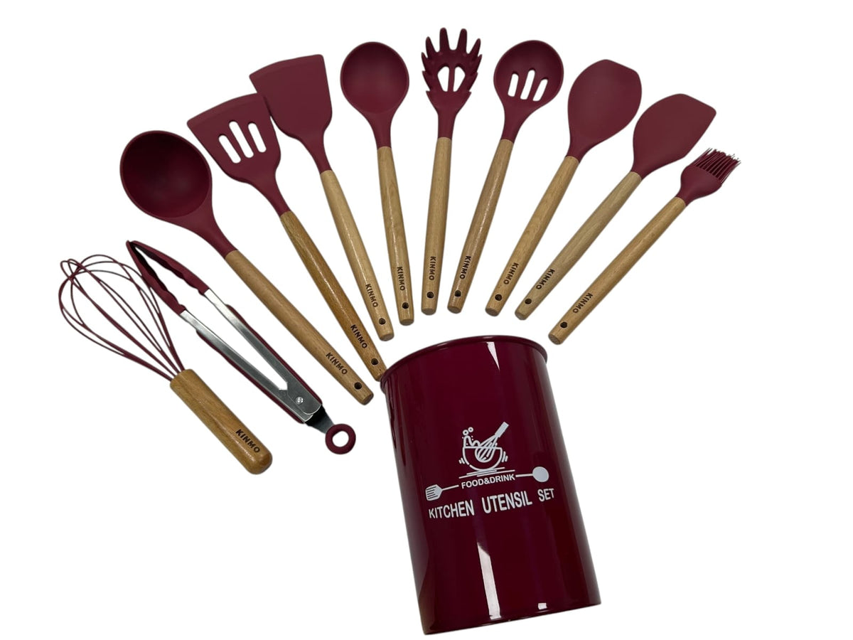 KINMO Silicone Kitchen Utensil Set with Wooden Handles, 12-Piece