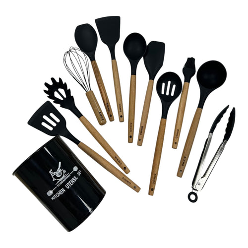 KINMO Silicone Kitchen Utensil Set with Wooden Handles, 12-Piece