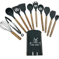 KINMO 12-piece silicone kitchen utensil set with wooden handles in grey