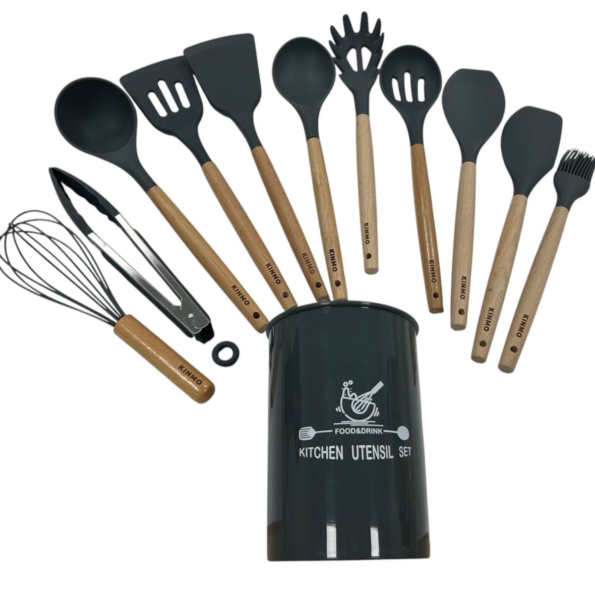 KINMO Silicone Kitchen Utensil Set with Wooden Handles, 12-Piece