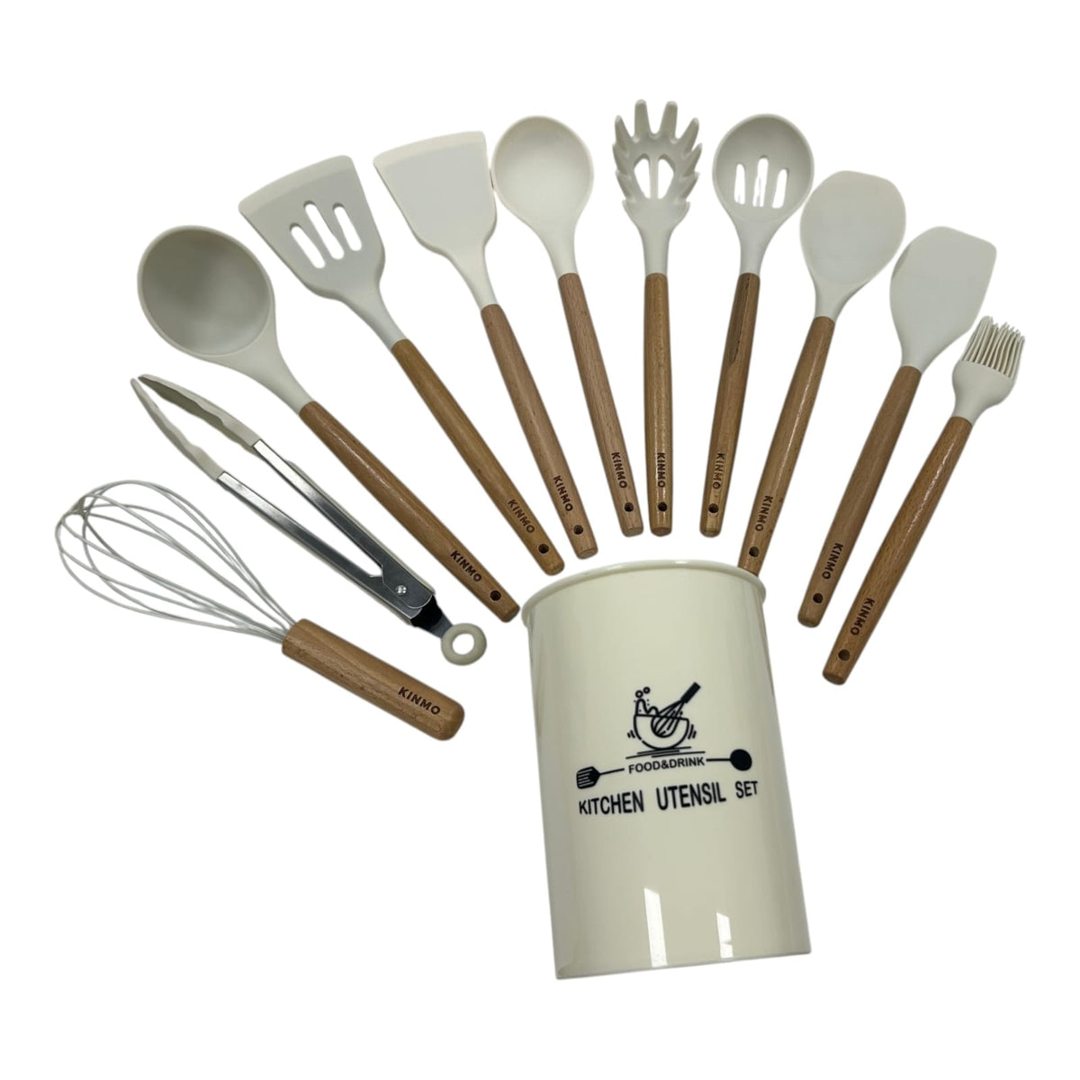 KINMO Silicone Kitchen Utensil Set with Wooden Handles, 12-Piece